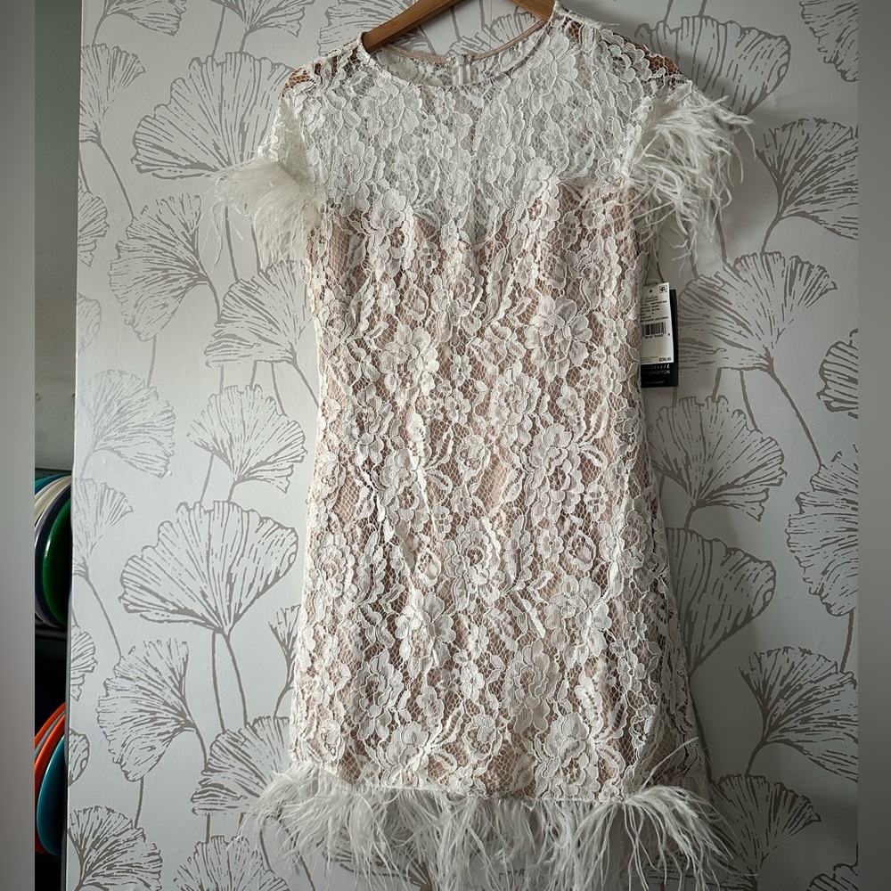 Aidan Mattox White Lace Feather Mini Dress